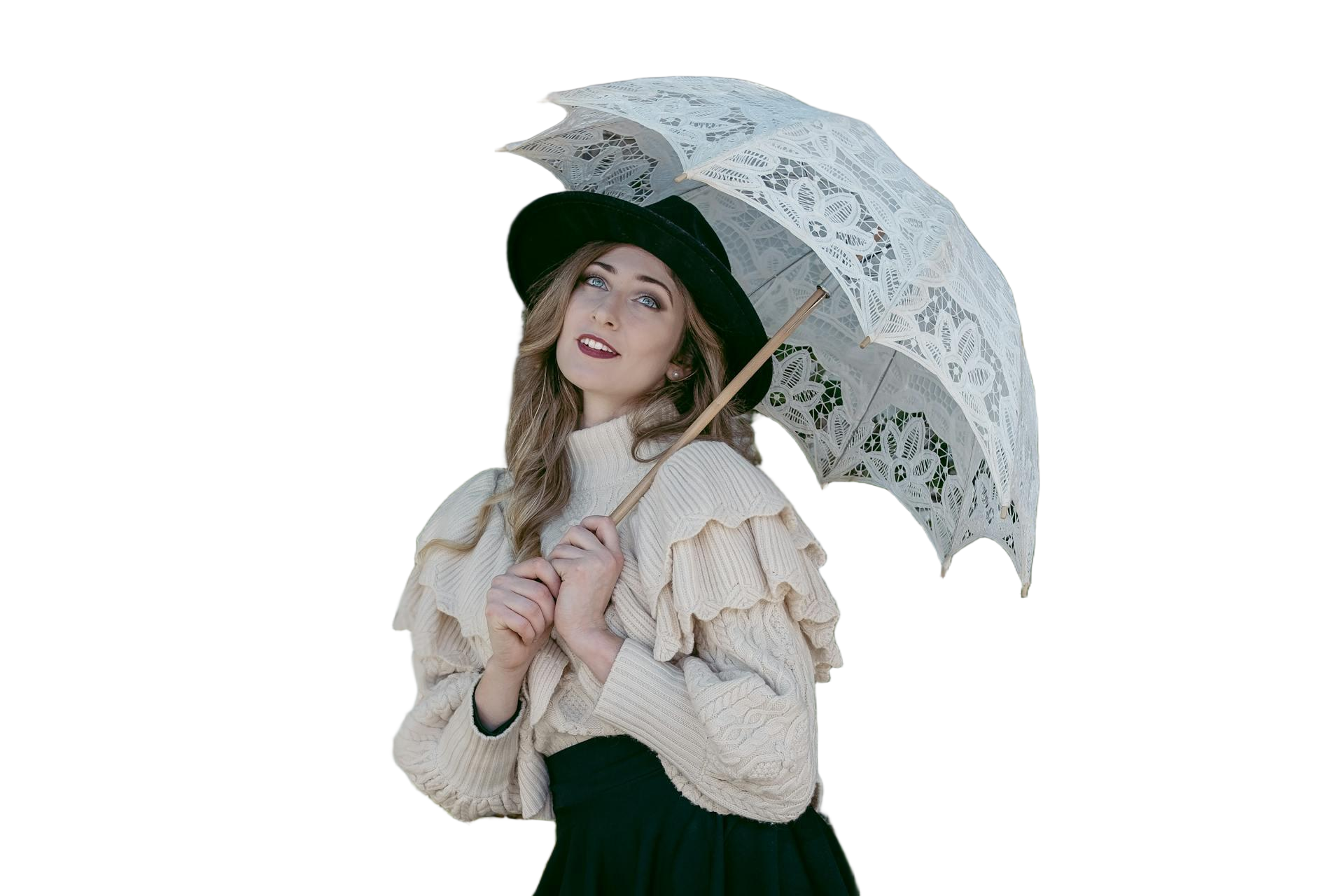 Sydney Sang posing with a white umbrella with no background